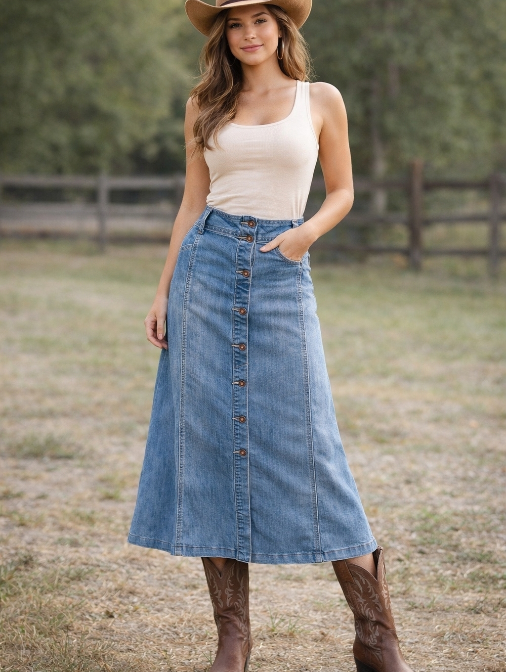 Vintage oSo Casuals A-line Fit & Flair Button Denim Western Midi Skirt SZ: 12